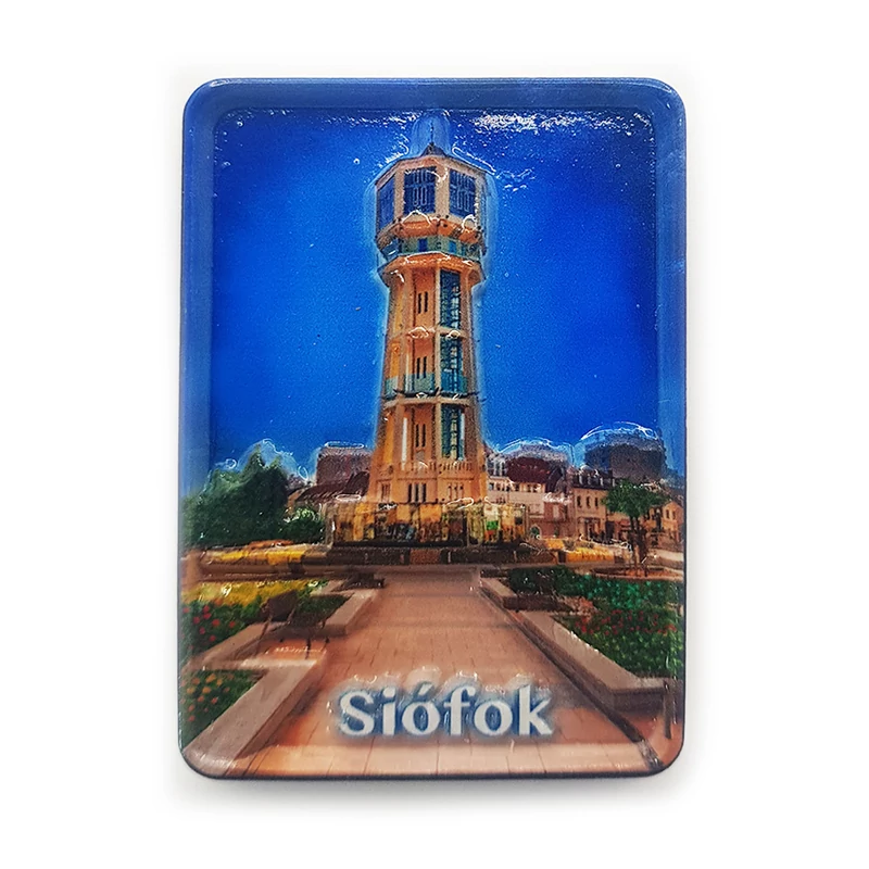 Hűtőmágnes nagy poliszton ( Siófok, víztorony, város látkép, virág ágyások )