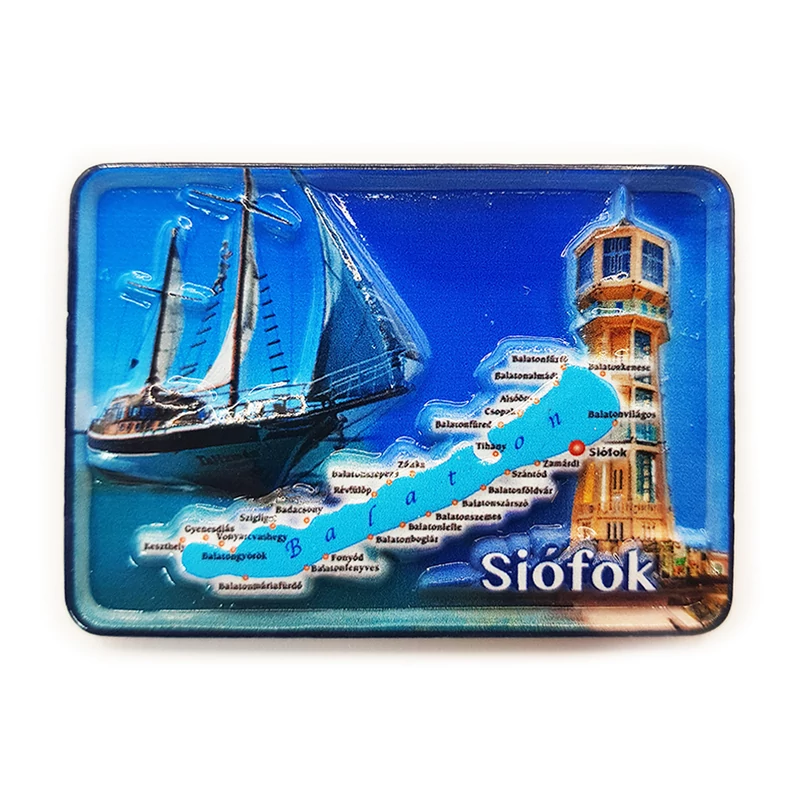 Hűtőmágnes nagy poliszton ( Siófok, víztorony, vitorláshajó, Balaton sziluett, Siófok felirat)