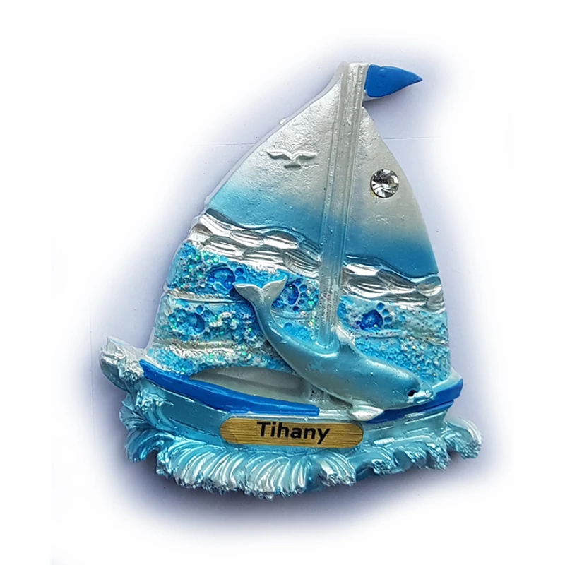 Hűtőmágnes nagy poliszton ( Kék-ezüst vitorlás, delfin, Tihany felirat )
