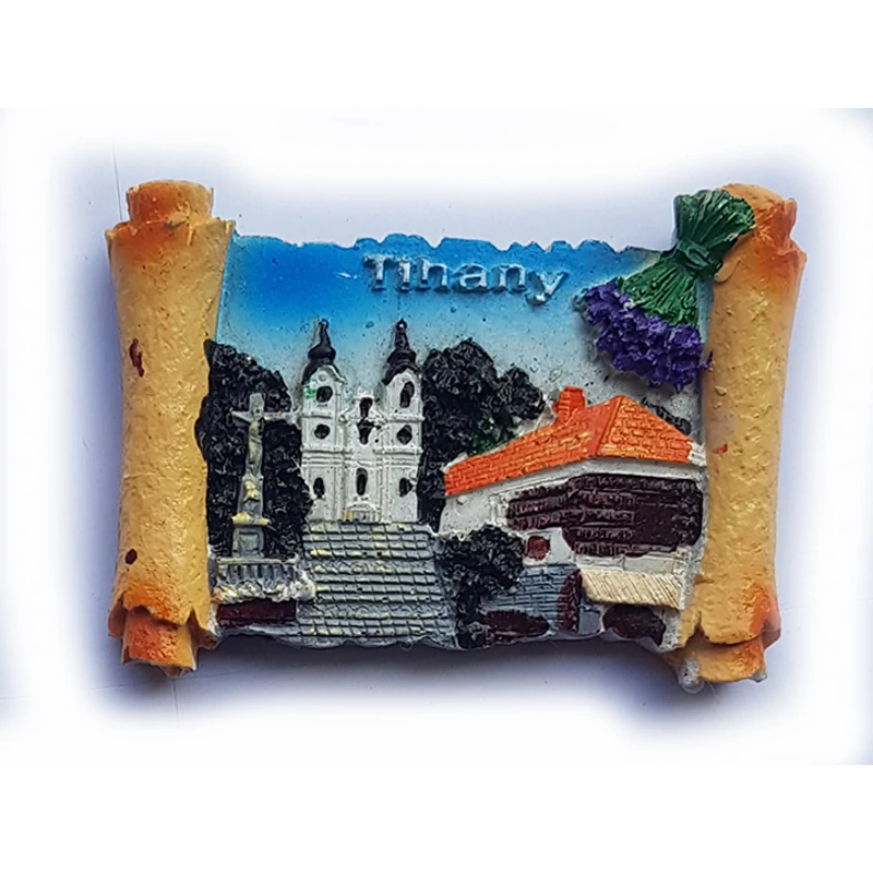 Hűtőmágnes nagy poliszton ( Fekvő pergamen, Tihanyi Apátság, Kereszt, Paprikás ház )