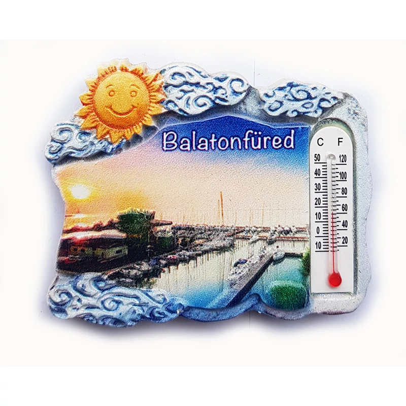 Hűtőmágnes nagy poliszton (Balatonfüred, kikötő, Nap, hőmérő )