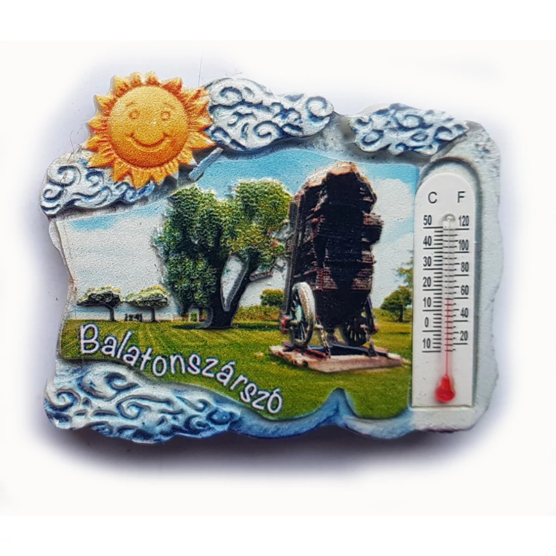 Hűtőmágnes nagy poliszton ( Fekvő kőlap, Balatonszárszó, Nap, József Attila emlékmű, hőmérő )