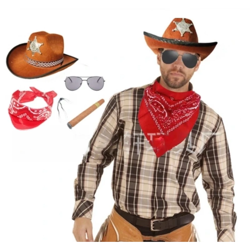 Cowboy jelmez szett ( kalap, szemüveg,szivar, fekete kendő )