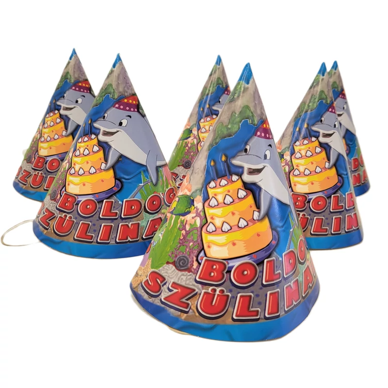Születésnapi és delfines kalap 17cm 6db/cs